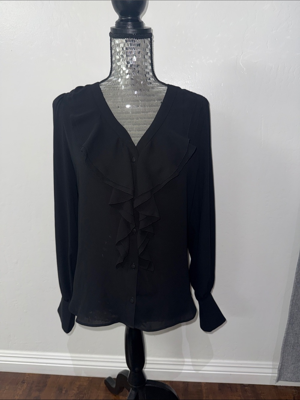 White House Black Market Black Ruffle V-Neck Blouse